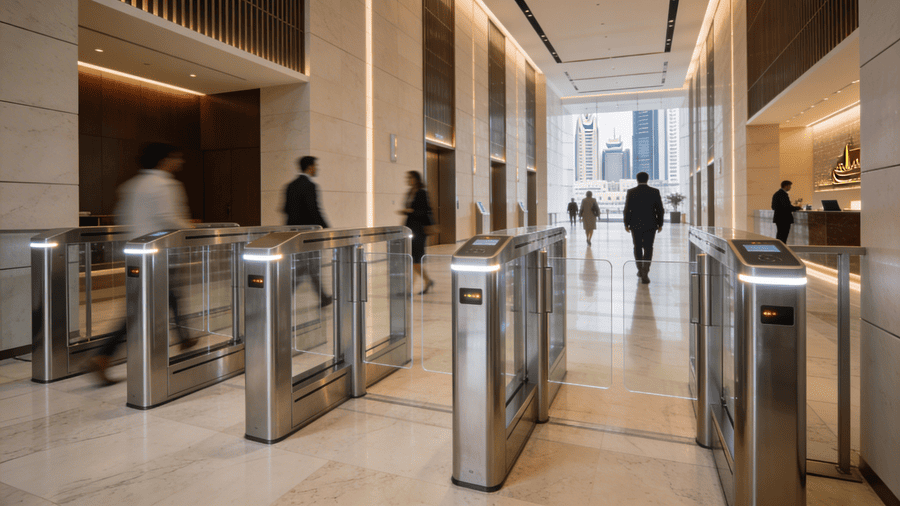 الأبواب الدوارة الذكية وبوابات السرعة: إدارة المباني ذات الحركة المرورية العالية في دبي دون التضحية بالأمان أو تجربة المستخدم
