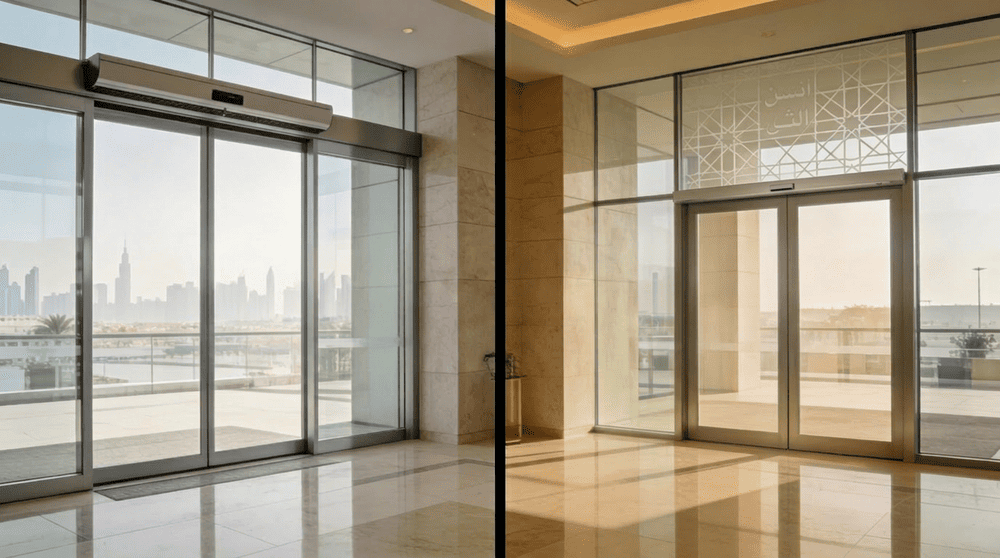 الأبواب الانسيابية التلقائية مقابل الأبواب المنزلقة في الإمارات: المزايا، العيوب، تخطيط المساحة، والتطبيقات الأفضل