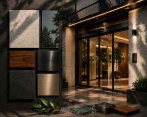 Modern entrance design featuring automatic glass sliding doors with a material palette of stone, wood, and metal finishes.