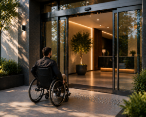 Wheelchair user approaching automatic sliding glass doors at a modern building entrance, highlighting accessibility and smart entrance design.