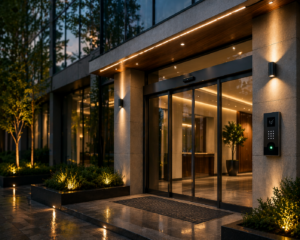 Modern luxury building entrance featuring automatic sliding glass doors, warm ambient lighting, and minimalist architectural design with stone and glass facade.