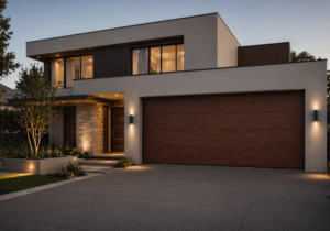Modern residential garage with wooden sectional door and contemporary villa exterior design