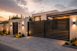 Modern luxury villa entrance in Dubai with automatic sliding gate and contemporary exterior lighting