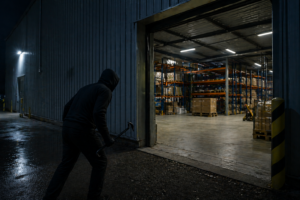 Unsecured industrial warehouse with open entrance and intruder attempting break-in at night