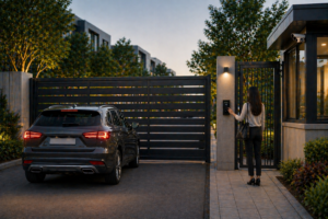 Modern automatic sliding gate controlling vehicle and pedestrian access at residential property