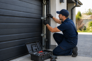 Technician performing maintenance on residential garage door system with tools and equipment.