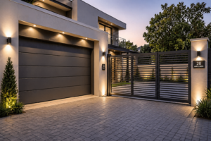 Modern villa with garage door and automatic gate systems at entrance
