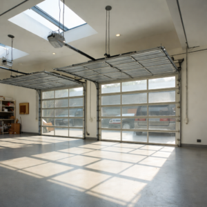 Automatic glass garage doors inside a modern, well-lit garage with skylights and polished floor