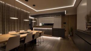 Integrated smart home lighting and mood architecture in a modern dining area from the Home Automation Guide.