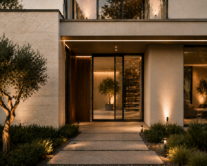 Modern residential entrance with automatic sliding glass doors seamlessly integrated into a minimalist architectural facade.