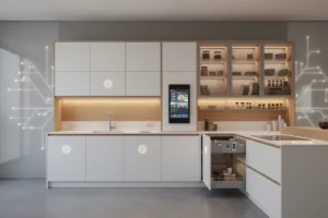 Smart kitchen with AI integration and touch interfaces as described in the Home Automation Guide.