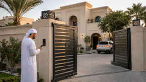 Smart automatic gate at a modern villa entrance with a homeowner using a smartphone for convenient access control.
