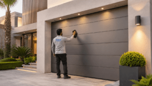 MACE Gulf technician wiping a finished modern garage door outside a contemporary villa, reflecting professional installation and final quality checks.