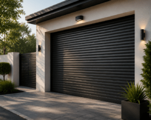 A modern home features a sleek dark matte metal rolling garage door, with clean landscaping and accent lighting, creating a sophisticated and tranquil outdoor atmosphere.