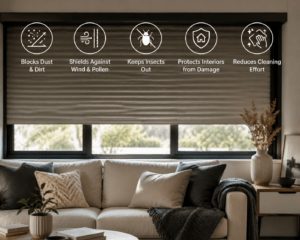 A cozy living room with a modern design featuring a window partially covered by a rolling shutter. Infographic icons above highlight the benefits of rolling shutters, including dust and dirt protection, wind and pollen shielding, insect prevention, interior protection from damage, and reduced cleaning effort.