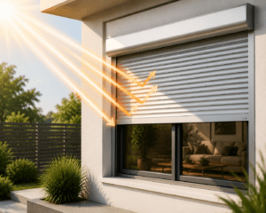 A modern home with a sleek rolling shutter covering the window, blocking sunlight to prevent heat from entering, with the interior visible through the glass and lush greenery in the surroundings.