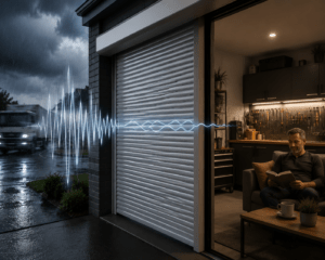 A cinematic view of a garage with a rolling shutter, where a man relaxes inside with a book, while outside, a rainy, stormy street contrasts the peaceful interior.