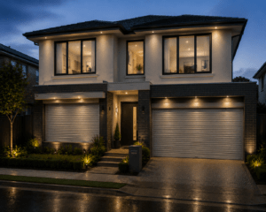 A modern two-story suburban home with sleek architecture, featuring ground-level rolling shutters on the garage, providing security and protection against external elements. The home is illuminated at dusk, highlighting its contemporary design and well-maintained landscape.