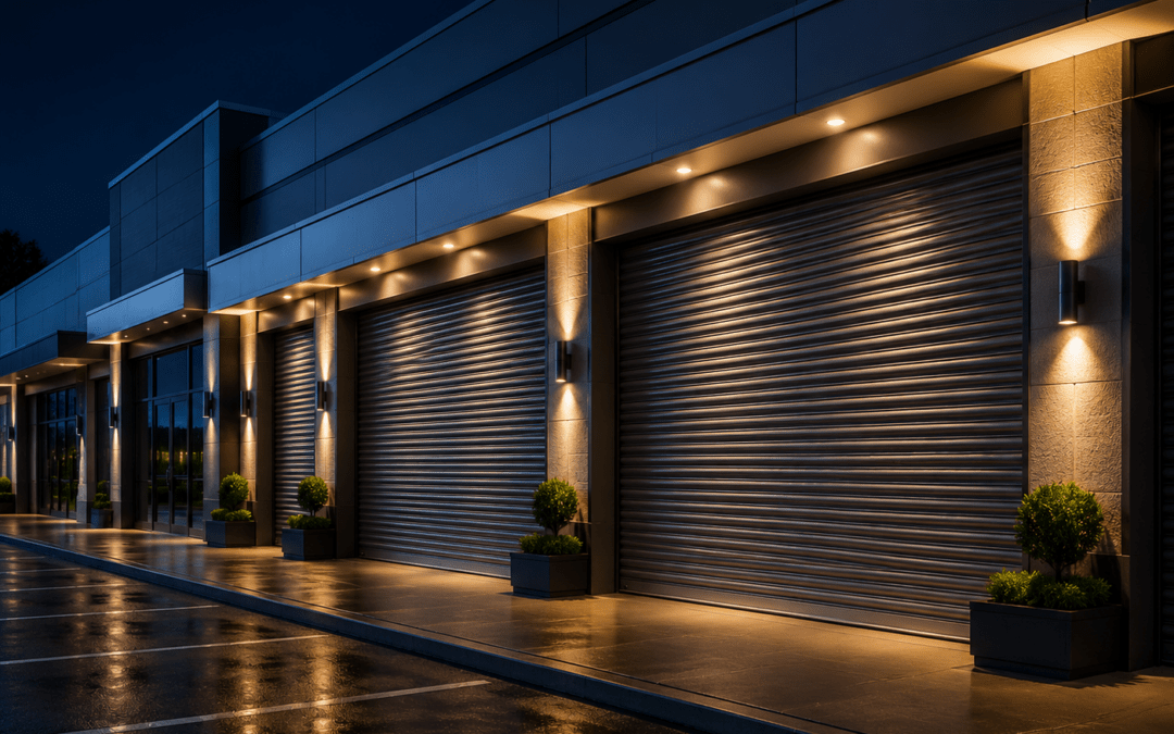 A sleek, nighttime view of a modern business market with dark metal rolling shutters closed over storefronts. The wet pavement reflects the warm glow of recessed lighting, creating a peaceful and secure atmosphere under a deep blue sky.