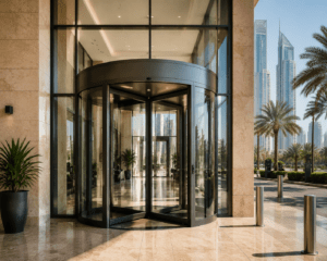 A modern building entrance featuring a large automatic revolving door, framed by glass panels and surrounded by palm trees, in a warm climate setting. The scene highlights the sleek design of the entrance with a polished stone walkway and tall skyscrapers in the background.