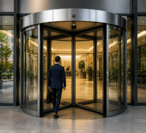 A business professional approaching a large automatic revolving door in a modern, sleek building entrance with a well-lit lobby and lush indoor plants.