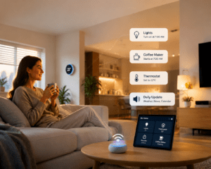 A woman relaxes in a cozy modern living room while using a tablet to control smart home devices like lights, thermostat, and coffee maker, creating a seamless living experience.