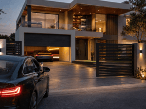 A sleek black car is approaching a modern luxury home with an automated gate and garage door, showcasing smart home automation in a contemporary residential setting at dusk.