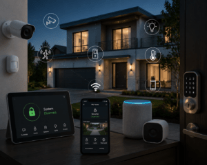 A modern suburban home with smart home security features, including a security camera, door lock, and smart display, showcasing seamless connectivity and control via mobile app and voice assistant.