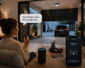 A woman sitting on a sofa in a modern living room uses a voice assistant to open the garage door, with a smart speaker and a smartphone app confirming the action.