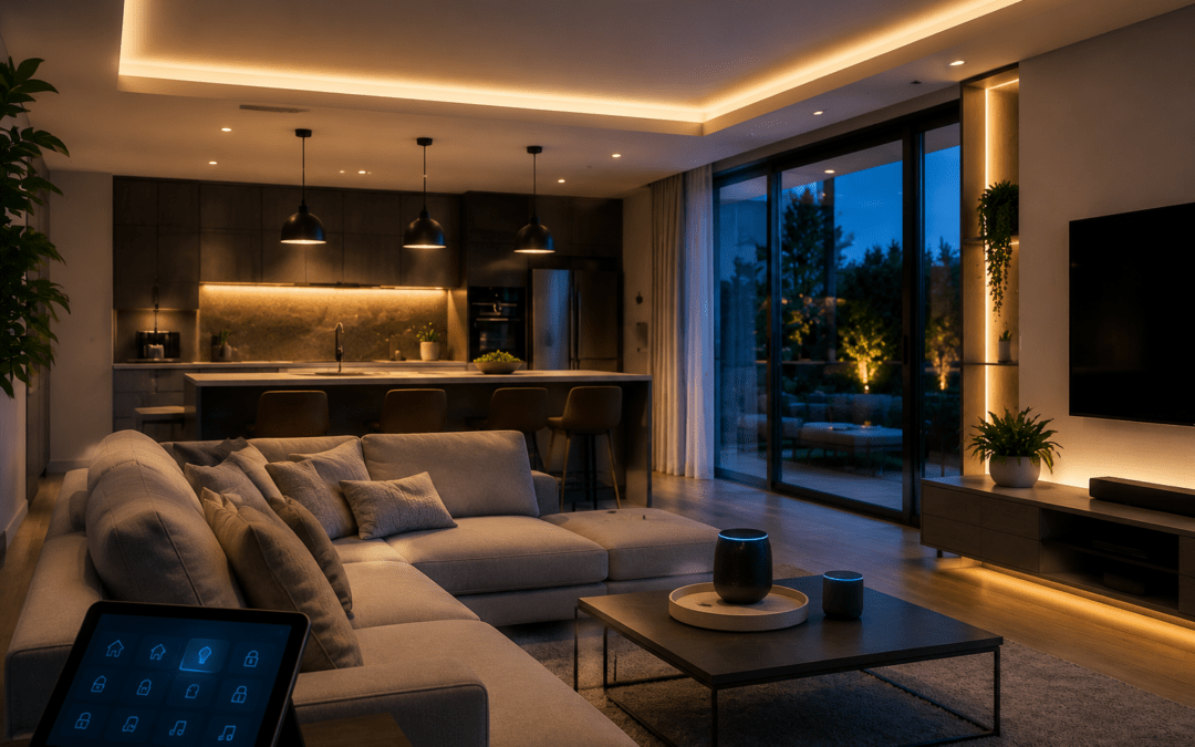 A modern living room with sleek design elements and warm ambient lighting. The space features a cozy sofa, a stylish kitchen, and large windows opening to an outdoor garden, showcasing a blend of minimalist decor and high-tech smart home automation features.