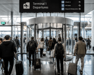 Travelers with luggage pass through a large automatic revolving door in a busy modern airport terminal, highlighting smooth pedestrian flow and high traffic efficiency.