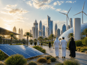 A futuristic Middle Eastern city at golden hour, featuring solar panels, wind turbines, and green landscaping. People walk along a palm-lined path toward modern glass skyscrapers, showcasing sustainable urban design and renewable energy integration.