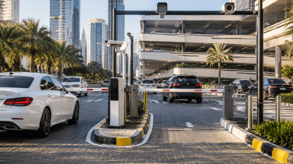Parking management system with automatic barrier gates, ANPR cameras, and controlled vehicle access at a modern UAE parking facility.
