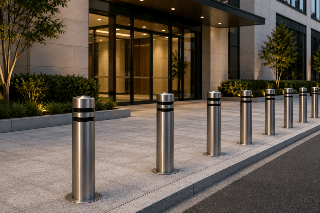 Modern Stainless Steel Bollards Protecting a Commercial Building Entrance