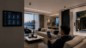 Luxury UAE home with smart lighting, CCTV, access control, automated blinds, and mobile home automation system - home automation systems.