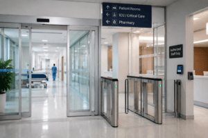 Modern hospital entrance with automatic doors and access control systems managing secure patient and staff movement.