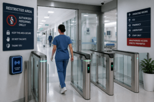 Hospital restricted area with touchless speed gates and secure access control system
