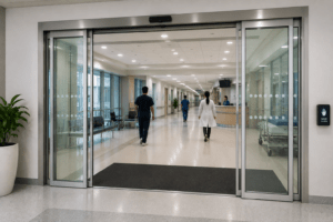 Modern hospital automatic sliding doors with touchless entrance access system