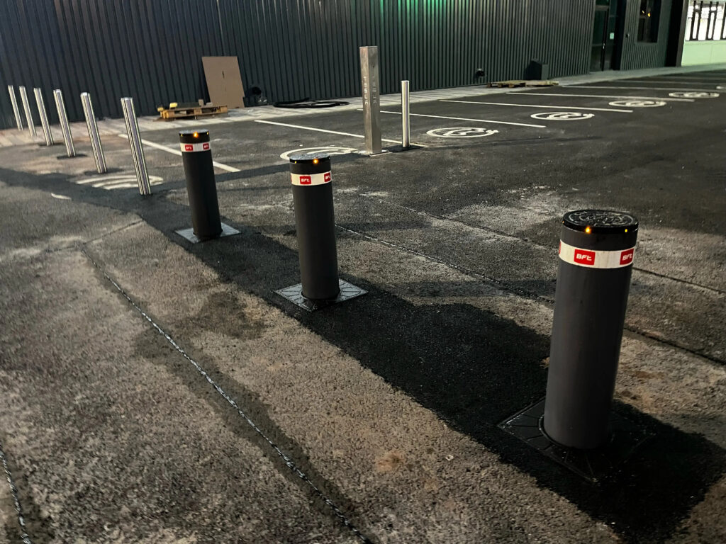 Automatic Security Bollards Installed in Commercial Parking Area