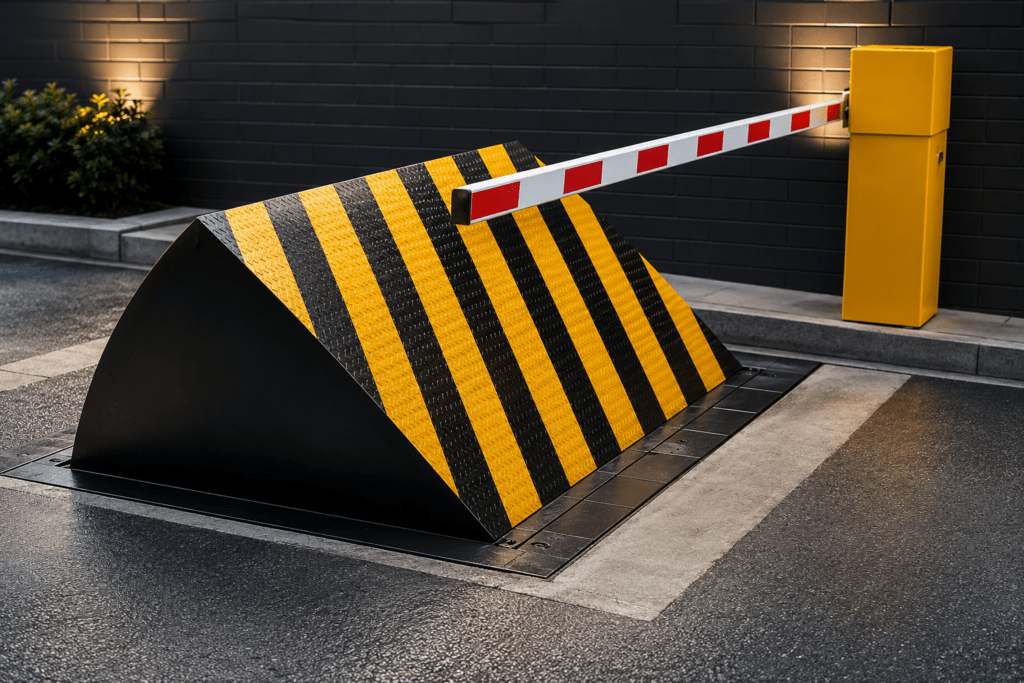 Road blocker and automatic gate barrier controlling secure vehicle access at a modern entrance.