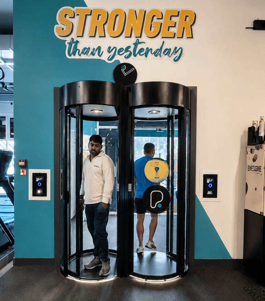 Modern security portal (mantrap) entrance installed inside a gym to provide controlled single-person member access and enhanced facility security.